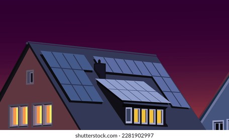 Houses with lighting at night using solar panel system technology