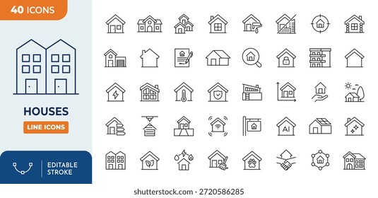 Conjunto de iconos editables de la línea de casas. Contiene iconos relacionados con el hogar, la casa, el edificio, el residencial y la propiedad. Ilustración vectorial	
