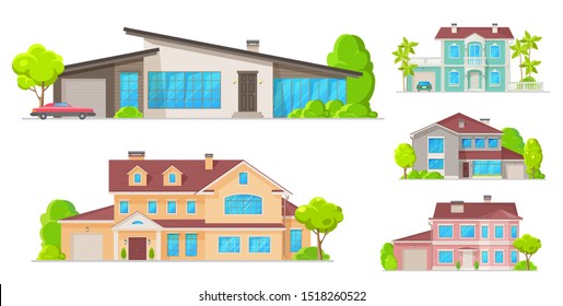 Houses, mansions and residential real estate building icons. Vector family homes, cottage houses or villa, apartments, urban property with terraces and garages