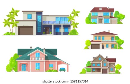 Houses, mansions and residential real estate buildings architecture. Vector modern family cottage houses and villa apartments, urban property terraces, carport garages and luxury private apartments