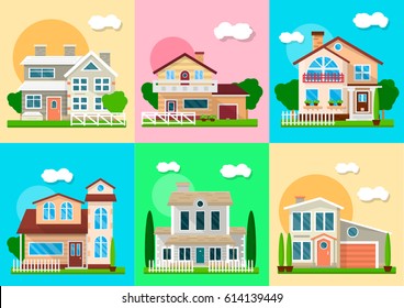 Houses, Mansions And Villa Cottages Real Estate Vector Objects