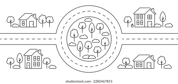 Casas y mapa de carreteras, líneas de arte, Cityscape, edificio de calles, arquitectura inmobiliaria, apartamento. La fachada de casa en el paisaje de la ciudad rural. Vector