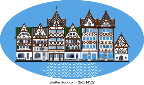houses of the medieval city on a blue background