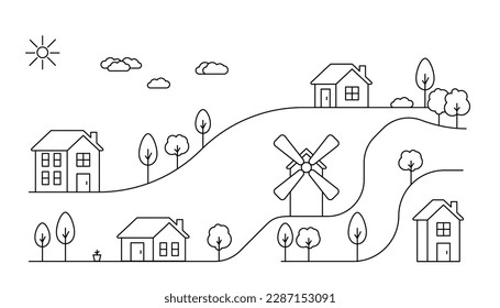 Casas y molino en pueblo sobre colina, linea de arte. Paisaje y edificio residencial. Casa exterior en paisaje rural. Ilustración del contorno del vector