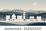 Houses in the mountains. Panoramic view of a small town in pastel colors. City scene in a flat vector style. 