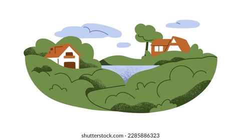 Houses in nature. Summer landscape with rural home buildings, trees, green plants, lake water. Peaceful country, countryside, suburbs scenery. Flat vector illustration isolated on white background