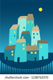 Houses at night, moon