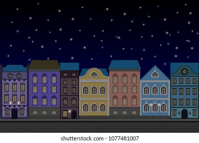 Houses at night. Old european city street with colored buildings. Flat style. Vector illustration