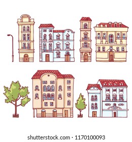 Houses of the old city, set of color vector drawings.