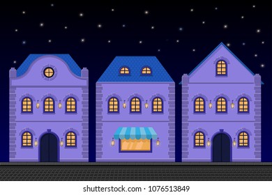 Houses. Old european city street with colored buildings at night. Flat style. Vector illustration