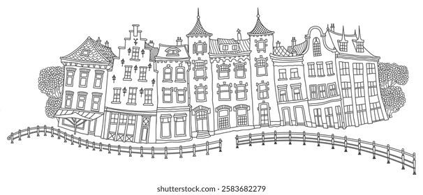 Houses in the old medieval town. Black and white coloring book page