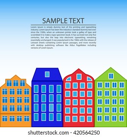 Houses on the background of the sky. House symbol. Houses with text. Colored houses. Vector illustration.