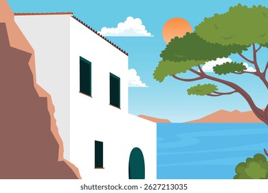 Houses on beach. Seaside panoramic view. House on seashore, blue sea waves, yachts. Summer  season on seaside. Vector Illustration