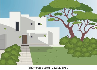 Houses on beach. Seaside panoramic view. House on seashore, blue sea waves, yachts. Summer  season on seaside. Vector Illustration