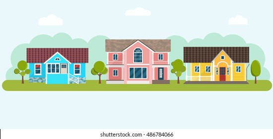 Houses  on horizontal banner website headers. Vector flat illustration