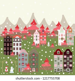 Houses on neutral, green and beige colors. Vector. Colorful bright buildings on the hills and trees.
