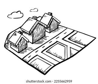 Houses on a paper map. Vector sketch