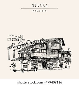 Houses on the river in Melaka, Malaysia, Southeast Asia. Colonial buildings. Travel sketch. Vintage touristic hand drawn postcard in vector