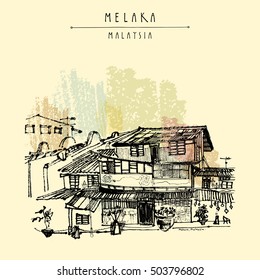 Houses on the river in Melaka, Malaysia, Southeast Asia. Colonial buildings. Travel sketch. Vintage touristic hand drawn postcard in vector