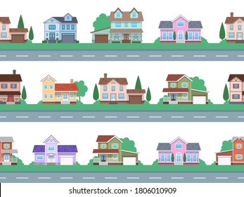 Houses on road. Home facades, cottage or suburban townhouse, front view family house with garage and terrace, architecture real estate modern design, cartoon seamless flat vector pattern and borders