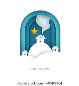 Houses on snowy hills in paper cut trendy craft cartoon style. Christmas, new year modern design for advertising, branding background greeting card, cover, poster, banner. Vector illustration.