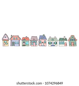 Houses on a street located in one row. Illustration of a city landscape with townhouse. Doodle style. Suitable for advertising materials of real estate agencies