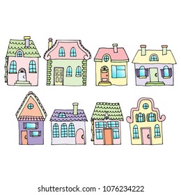 Houses on a street located in two rows. Illustration of a city landscape with townhouse. Doodle style. Suitable for advertising materials of real estate agencies