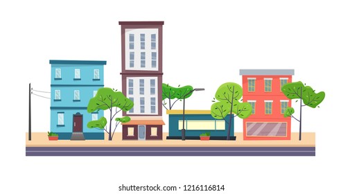 Houses on street with road in city. Cityscape. Flat cartoon style vector illustration.