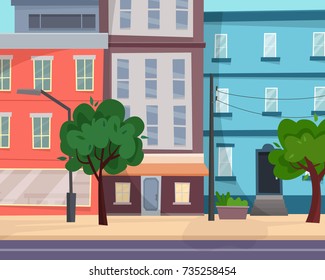 Houses on street with road in city. Cityscape. Flat cartoon style vector illustration.