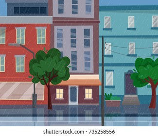 Houses On Street With Road In Town. Rain In The City. Cityscape. Flat Cartoon Style Vector Illustration.