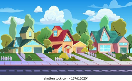Houses on street of suburb town vector illustration. Cartoon urban townscape with comic exterior of cottage family houses, village asphalt road and sidewalk, streetscape neighbourhood background