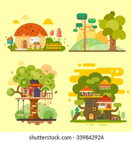 Houses on the tree, magic hut on a village, beautiful summer landscape. Flat vector illustration stock set. 