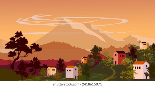 Houses on village contryside with mountain landscape view on background. Illustration design for cover, poster, card and print.