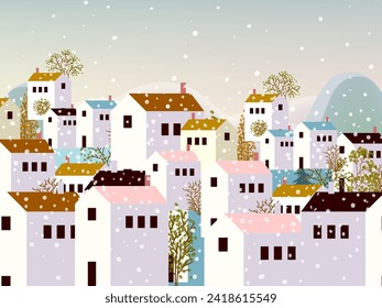 Houses on village contryside with mountain landscape view on  snow season background. Illustration design for cover, poster, card and print.