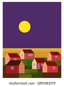 Houses on village landscape flat illustration. Houses, moon,cloud, sky colorful.