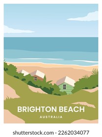 houses on white sandy beach at Brighton beach. vector illustration landscape background with minimalist style for poster, postcard, card, print.