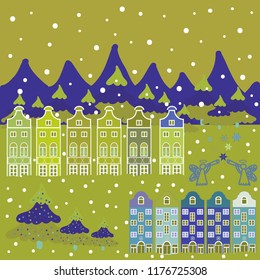Houses on yellow, blue and green colors. Vector. Colorful bright buildings on the hills and trees.