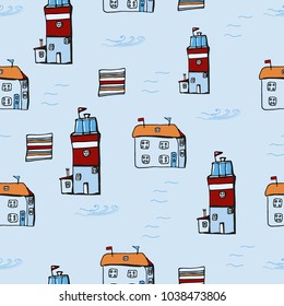 Houses with orange roof and lighthouse. Coastal houses. Sea for textile prints, backgrounds, textures, cards