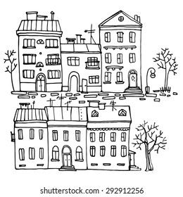 Houses painted a black line on a white background. The facades of town houses, vector sketch. Scribble, houses, street, doodle