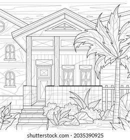 
Houses and a palm tree.Coloring book antistress for children and adults. Illustration isolated on white background.Zen-tangle style. Hand draw