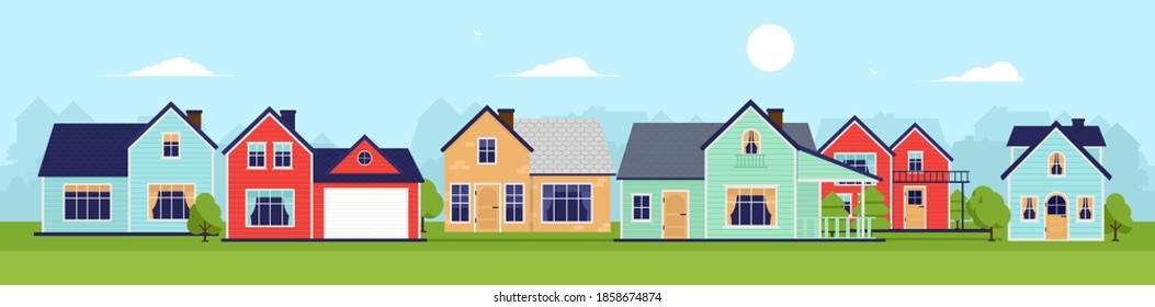 Houses panorama background - Wide image of a nice neighbourhood with several houses, blue sky and positive atmosphere. Vector illustration.