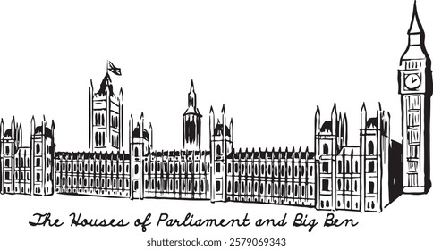 Houses of Parliament and Big Ben, London, England black and white ink sketch. Iconic Gothic Revival architecture with intricate details and historic significance. Tourism, travel, cultural heritage