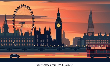 The Houses of Parliament line the riverbank, their details simplified. The minimalist style captures the timeless elegance of London, a captivating city bathed in the warm glow of dusk