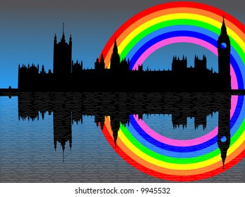 Houses of parliament London with colorful rainbow illustration