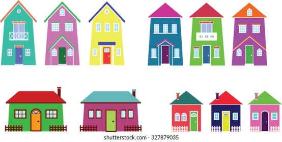 Houses in a peaceful city. Collection of cartoon neighborhood homes.