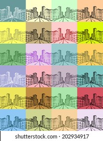  Houses, Pencil Drawing - seamless vector pattern