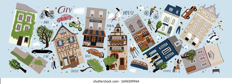 Houses, people and trees in the city. Vector illustration of European architecture, buildings and chalets, cars, walking pedestrians and isolated objects. Drawings for poster, card and background.