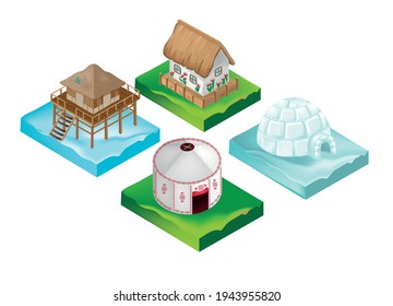 Houses of the peoples of the world set of icons. Traditional national dwellings of different peoples. Vector illustration.