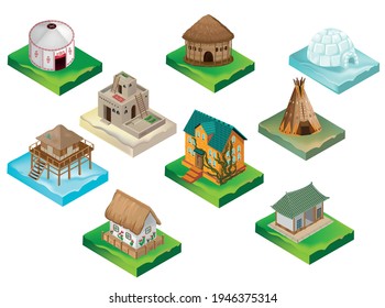 Houses of the peoples of the world set of icons. 
Set of national traditional houses. Traditional national dwellings of different peoples. Vector illustration.