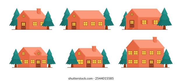 Houses with pine trees. A set of six cute houses in various styles, perfect for children's illustrations and game assets. The houses feature cozy details like chimneys, windows, and doors.